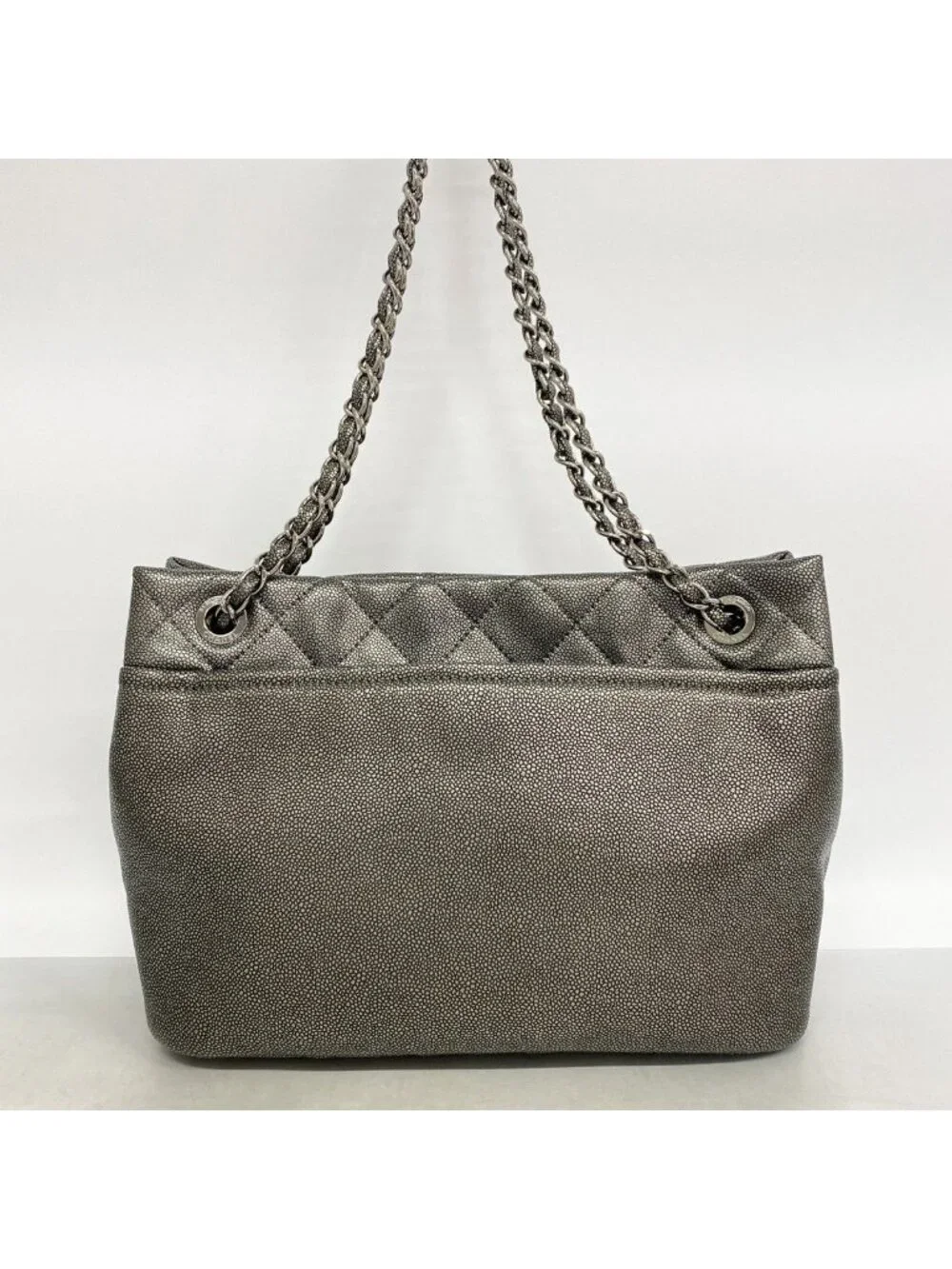 Chanel Chain Tote Quilted Caviar Leather Gray Silver